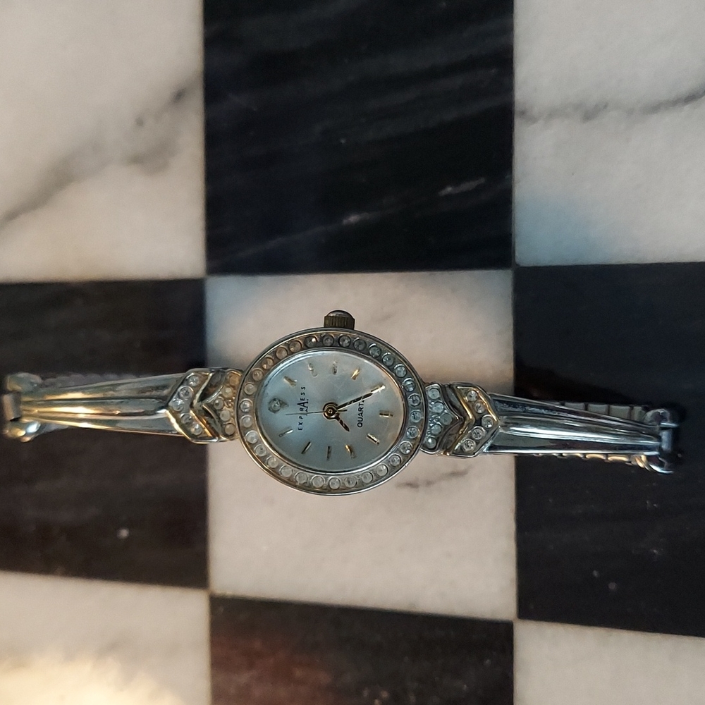 1990s LA Express Silvertone Mother of Pearl Jeweled Watch JUST NEEDS BATTERY